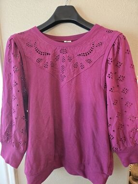 Cato Women's Embroidered Cutout eyelet Puff-Sleeve Top - Magenta